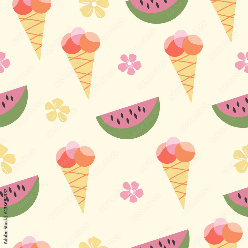  Summer pattern with watermelon, ice-cream, flower. Colorful design