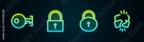 Set line Key, Lock, and Broken or cracked lock. Glowing neon icon. Vector