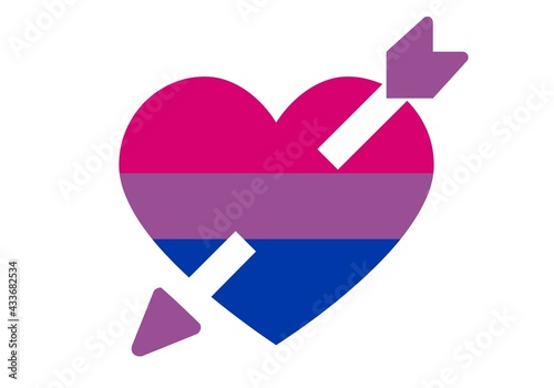 Flechazo con el colectivo bisexual. Corazón y flecha con la bandera bisexual fucsia, morado y azul