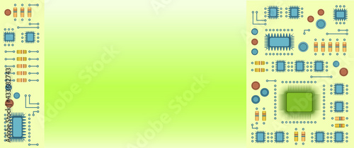 Abstract colored electronic circuit board. Electronic components are located in the background on the left and right. Empty space for your text. Illustration. Vector, eps10. photo