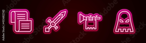 Set line Decree, parchment, scroll, Medieval sword, Trumpet with flag and Executioner mask. Glowing neon icon. Vector