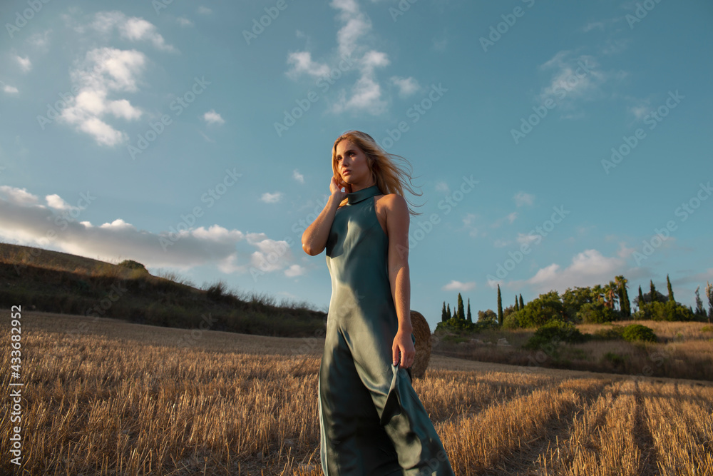 Peaceful female in elegant dress standing on dry field in rural area and looking away Peaceful female in elegant dress standing on dry field in rural area and looking away