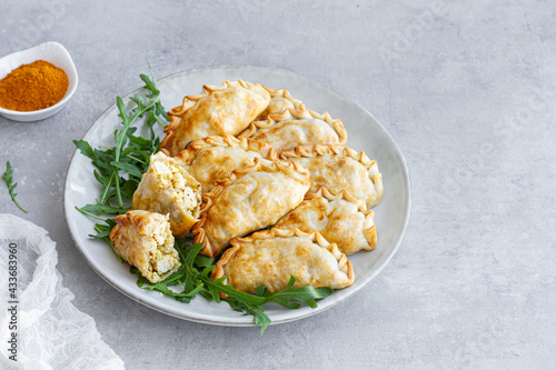 Top view of delicious plate of chicken curry turnovers