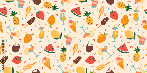 Vector seamless pattern with summer cocktails, ice cream and fruits. Summer holliday, vacation, travel.