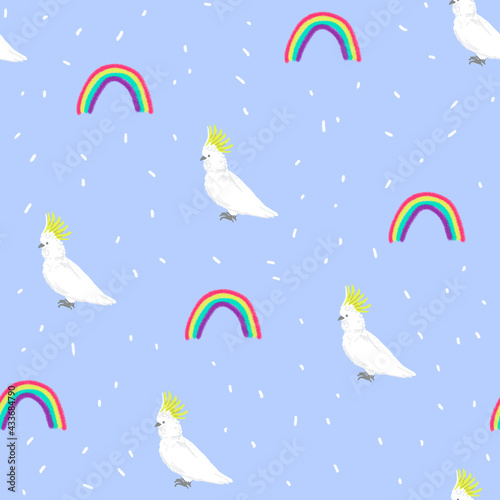 pattern with a parrot and a rainbow for children on a pink background