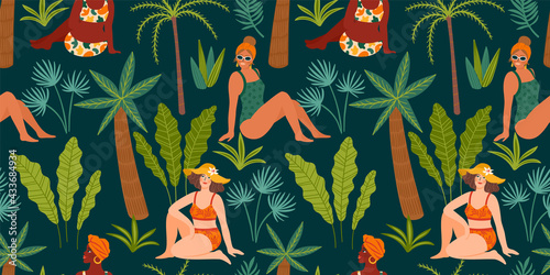 Vector seamless pattern with women in swimsuit and tropical plants. Summer holliday, vacation, travel.