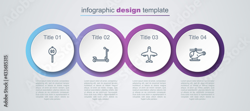 Set line Speed limit traffic, Scooter, Plane and Helicopter. Business infographic template. Vector