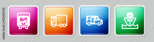 Set line Delivery cargo truck, , Minibus and Cargo ship. Colorful square button. Vector