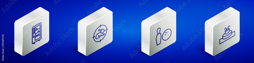 Set Isometric line Vending machine, Hunt on rabbit with crosshairs, Bowling pin and ball and Fountain icon. Vector Set Isometric line Vending machine, Hunt on rabbit with crosshairs, Bowling pin and ball and Fountain icon. Vector