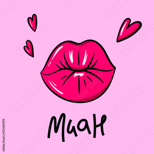 Female lips, hearts, hand drawn lettering Muah - Kiss sign - Vector illustration 