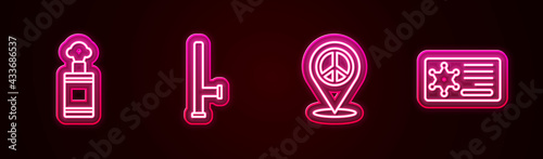 Set line Hand grenade, Police rubber baton, Location peace and badge. Glowing neon icon. Vector