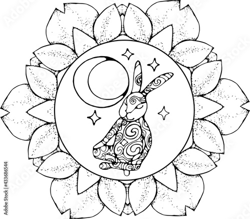 A meditative rabbit sits in a turkish pose all in ornaments from spirals. The moon and stars with him. Lotus mandala.