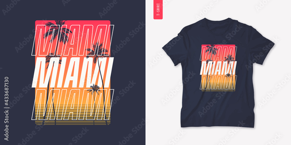 Obraz premium Miami Florida graphic t-shirt design with palm tress, summer retro print, vector illustration