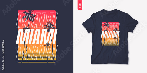 Miami Florida graphic t-shirt design with palm tress, summer retro print, vector illustration