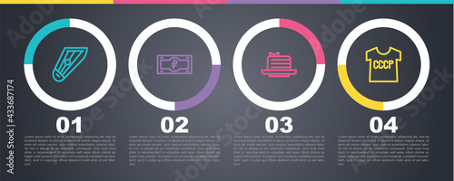 Set line Kankles, Russian ruble banknote, Medovik and USSR t-shirt. Business infographic template. Vector