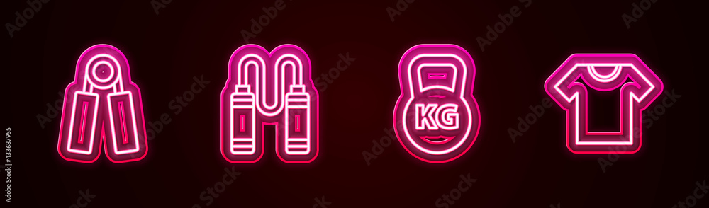 Set line Sport expander, Jump rope, Kettlebell and T-shirt. Glowing neon icon. Vector