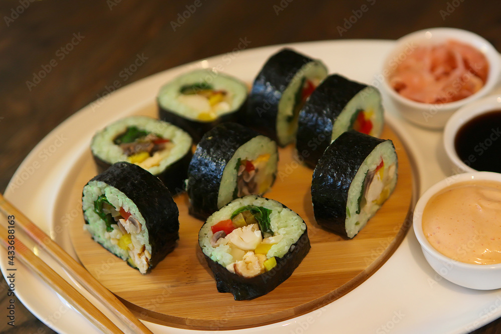 hot roll set sashimi japanese food on wooden background hot roll set sashimi japanese food on wooden background