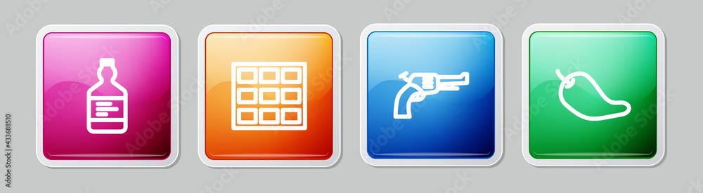 Set line Tequila bottle, Chocolate bar, Revolver gun and Hot chili pepper pod. Colorful square button. Vector