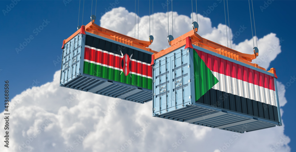 Two freight container with Kenya and Sudan flag. 3D Rendering