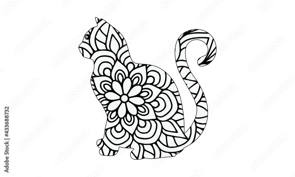 Hand drawn cat. Sketch for anti-stress adult coloring book in zen-tangle style. Vector illustration for coloring page. Hand drawn cat. Sketch for anti-stress adult coloring book in zen-tangle style. Vector illustration for coloring page.