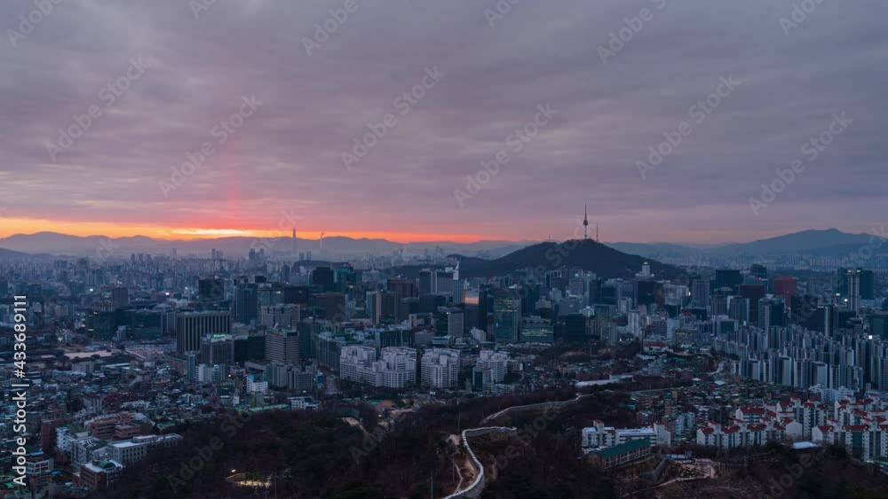 Zoom in timelapse 4k sunrise of cityscape and Capital of South Korea and viewpoint popular tourist attractions in South Korea. Viewpoint from Inwangsan mountain in Seoul city. Zoom in timelapse 4k sunrise of cityscape and Capital of South Korea and viewpoint popular tourist attractions in South Korea. Viewpoint from Inwangsan mountain in Seoul city.