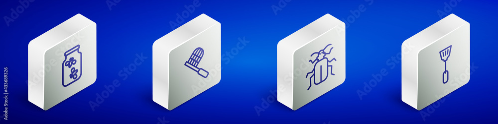 Set Isometric line Fireflies bugs in a jar, Butterfly net, Chafer beetle and Fly swatter icon. Vector Set Isometric line Fireflies bugs in a jar, Butterfly net, Chafer beetle and Fly swatter icon. Vector