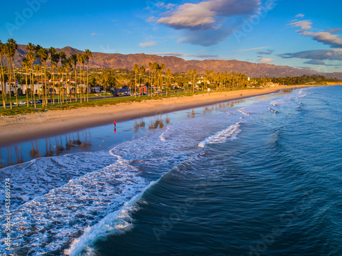 aerial of East Beach at sunset, Santa Barbara, California