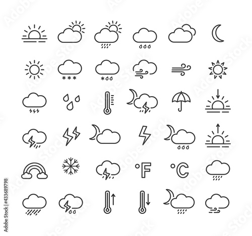 Weather line icon set with editable stroke. Outline collection of meteorology symbols. Vector illustration.