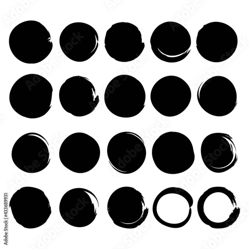 Abstract grunge circles for decorative design. White background. Textured abstract black circles. Vector hand drawn ink design elements. Trendy vector style. Set collection. Vintage style. Stamp textu