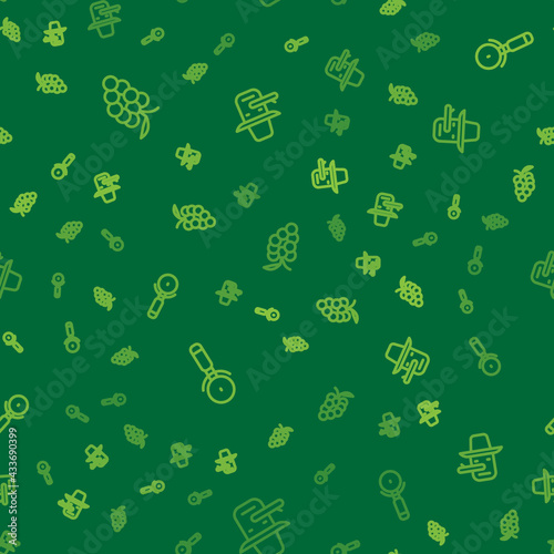 Set line Grape fruit, Pizza knife and Pinocchio on seamless pattern. Vector
