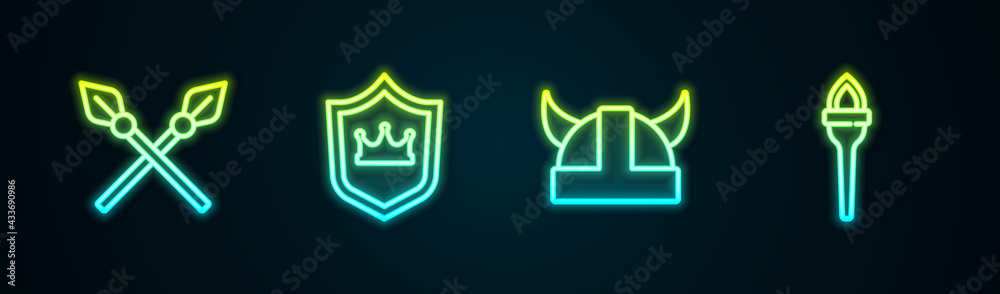Set line Crossed medieval spears, Shield with crown, Viking in horned helmet and Torch flame. Glowing neon icon. Vector Set line Crossed medieval spears, Shield with crown, Viking in horned helmet and Torch flame. Glowing neon icon. Vector