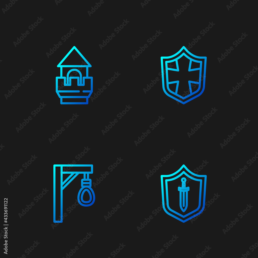 Set line Medieval shield with sword, Gallows, Castle tower and Shield. Gradient color icons. Vector