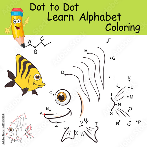 Learning the uppercase letters of the English alphabet with cute cartoon Fish. Dot to dot game with letters for kids. Logic Game and Coloring Page for preschool. Worksheet for practicing alphabet.