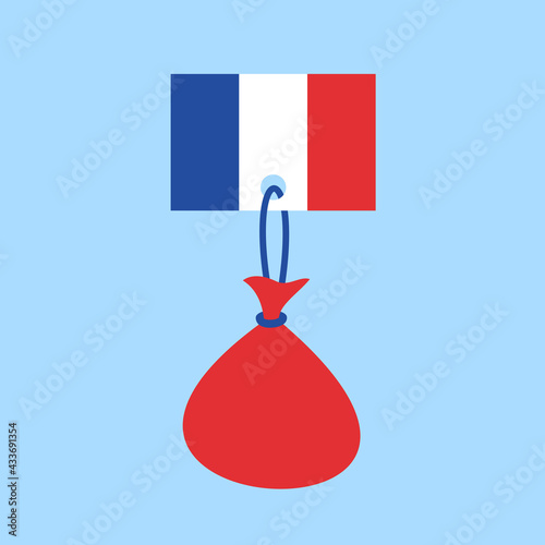 Flag of France with heavy burden - metaphor of french state, country, nation and debt, being indebted, liability. Concept of Government debt, national debt, public debt, and sovereign debt. Vector.
