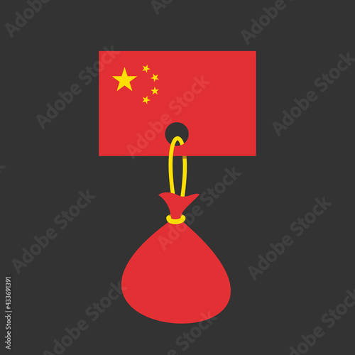 Flag of China with heavy burden - metaphor of chinese state, country, nation and debt, being indebted, liability. Concept of Government debt, national debt, public debt, and sovereign debt. Vector.