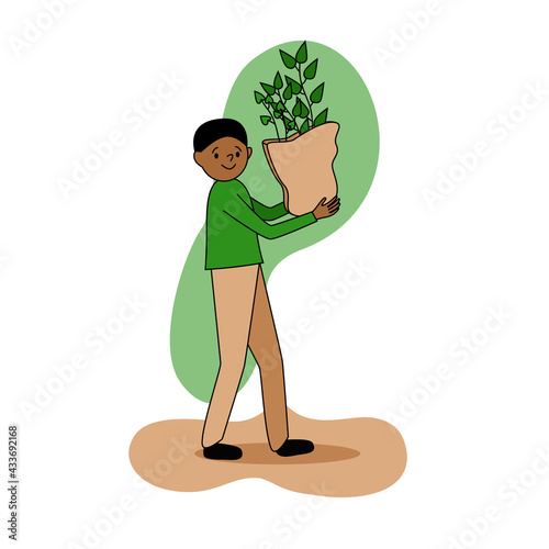 Eco friendly concept, a dark skinned man walks and carries a package with young plants in his hands, happy people take care of nature eco, green peace poster, design element r illustration