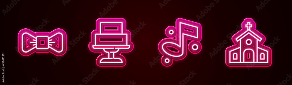 Set line Bow tie, Wedding cake, Music note and Church building. Glowing neon icon. Vector Set line Bow tie, Wedding cake, Music note and Church building. Glowing neon icon. Vector