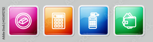 Set line Gold bars, Calculator, Cash register machine and Wallet with money. Colorful square button. Vector