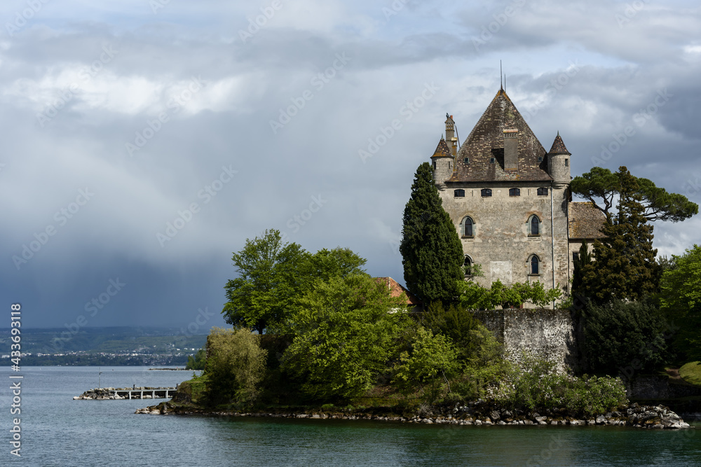 the castle of Yvoire is built on a point overlooking Lake Geneva, France