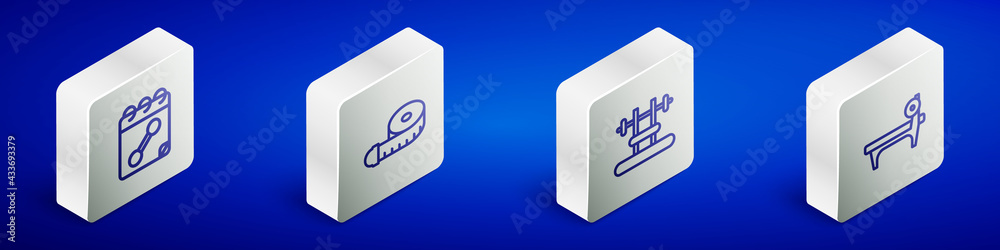 Set Isometric line Calendar fitness, Tape measure, Bench with barbel and icon. Vector Set Isometric line Calendar fitness, Tape measure, Bench with barbel and icon. Vector