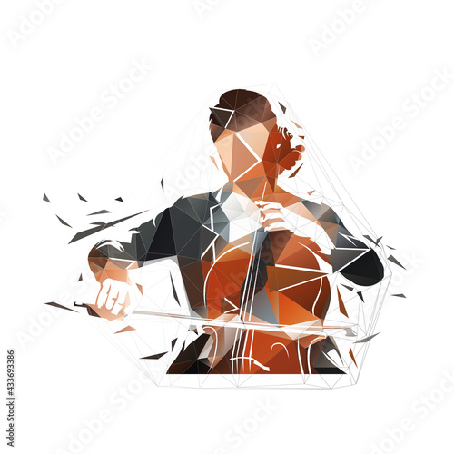 Cello player, classical music. Isolated low polygonal vector illustration. Violin musician, geometric drawing from triangles, front view