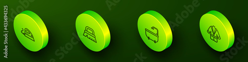 Set Isometric line Electric iron, Brush for cleaning, Bathtub and Bathrobe icon. Vector