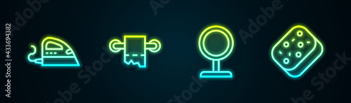 Set line Electric iron, Toilet paper roll, Round makeup mirror and Sponge. Glowing neon icon. Vector