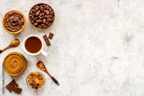 Coffee and cocoa beans and powder. Chocolate and coffee background