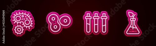 Set line Virus, Cell division, Reagent bottle and Plant breeding. Glowing neon icon. Vector