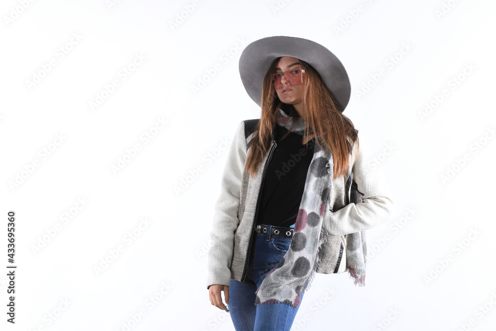 autumn portrait of a girl in sunglasses and a hat isolated on white background autumn portrait of a girl in sunglasses and a hat isolated on white background