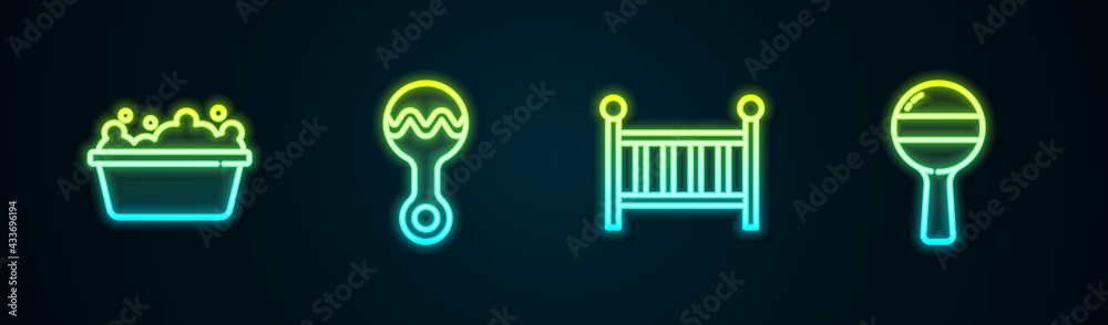 Set line Baby bathtub, Rattle baby toy, crib cradle and . Glowing neon icon. Vector Set line Baby bathtub, Rattle baby toy, crib cradle and . Glowing neon icon. Vector