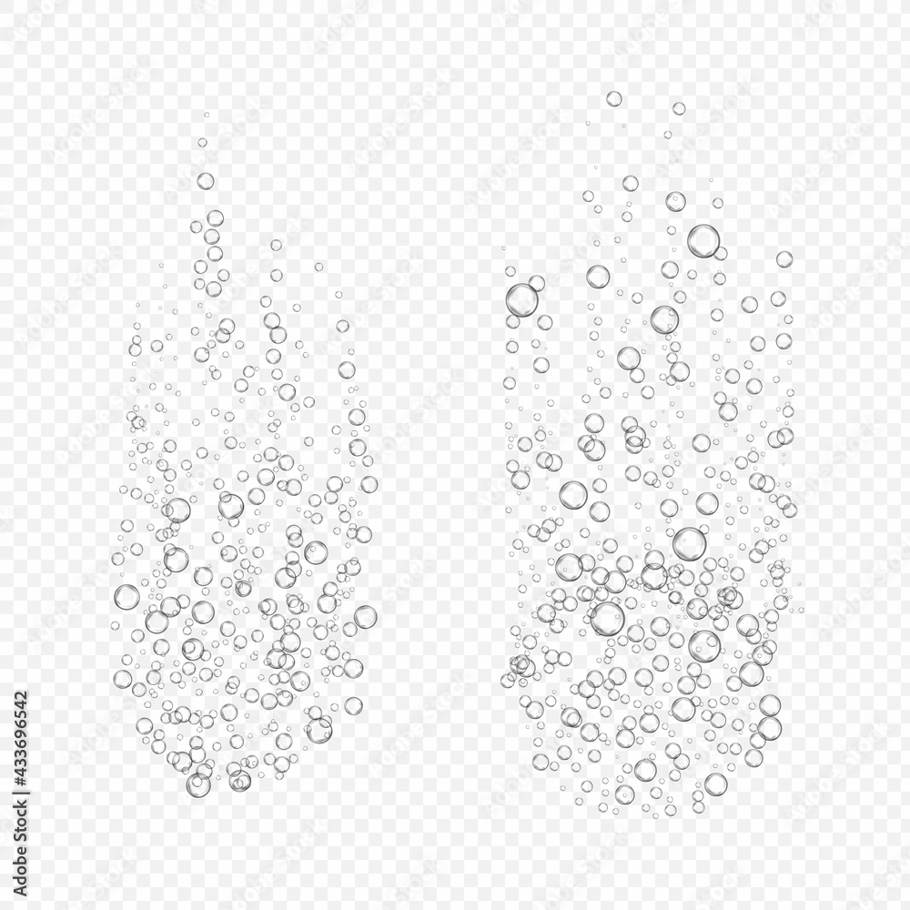 Effervescent bubbles on transparent background. Fizzy tablet dissolves in water solution. Realistic vector illustration of bubble fizz from soluble vitamin pill. Mockup for dissolving antibiotic drug - obrazy, fototapety, plakaty 