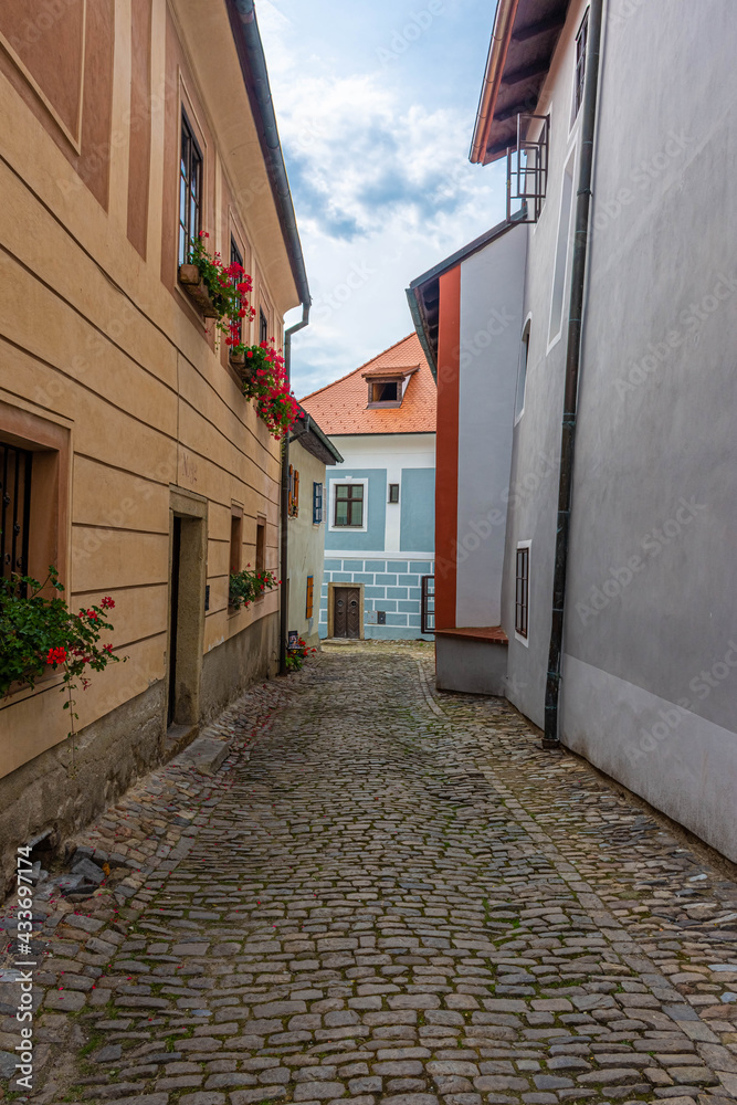 Ancient street in Cesky Krumlov historic center Czechia