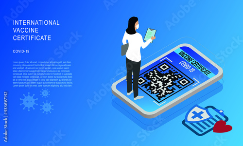 vaccinated health passport on smartphone concept. Hand show immune result on mobile screen. Vaccine passport for flying abroad. Coronavirus Immunization or vaccination digital tracking device.
